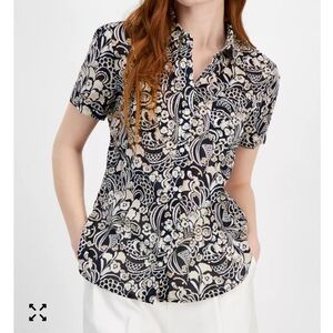 Tommy Hilfiger Black, White and Cream Floral Button Down Camp Shirt